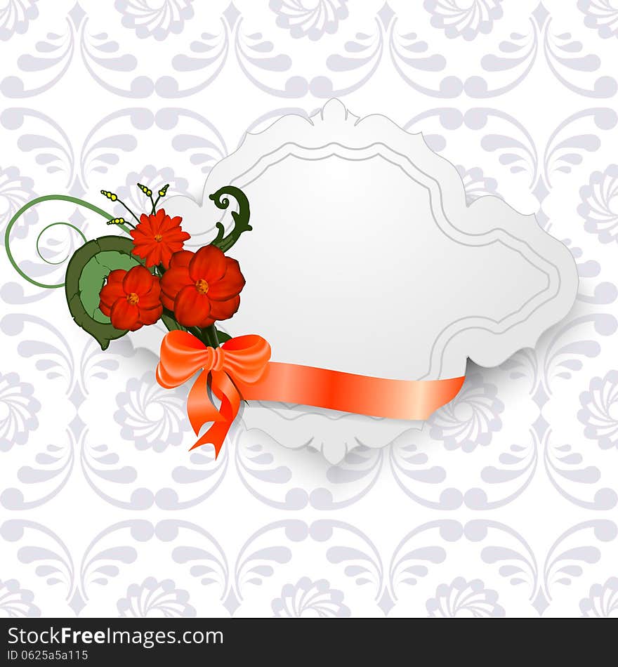 Vintage frame vignette with flowers, bow and ribbon on a patterned background. Vector illustration.