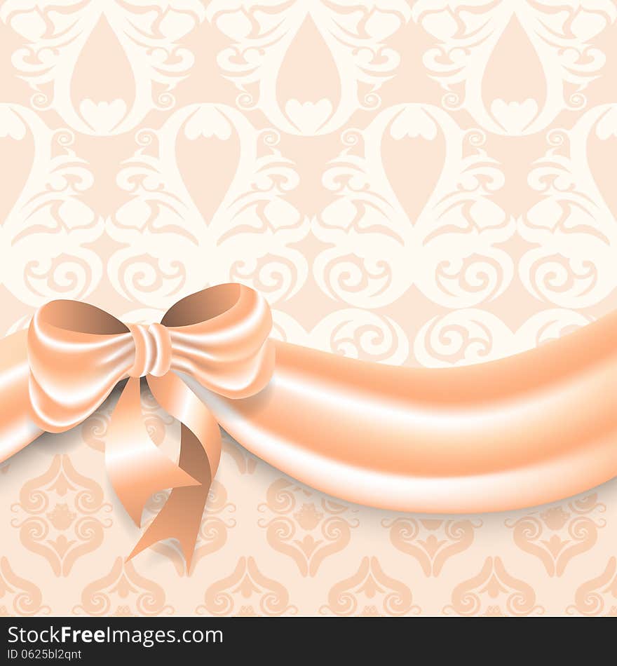 Elegant greeting card with delicate silk ribbon and bow. Vector illustration.