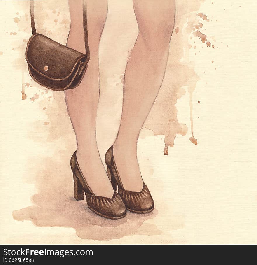 Watercolor fashion illustration. Shoes and handbag