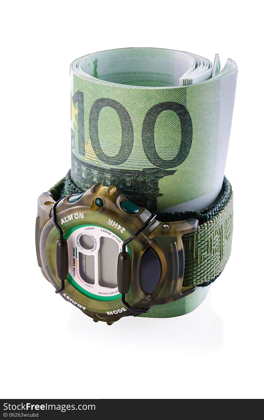 Electronic watches and banknotes (euros) on a white background