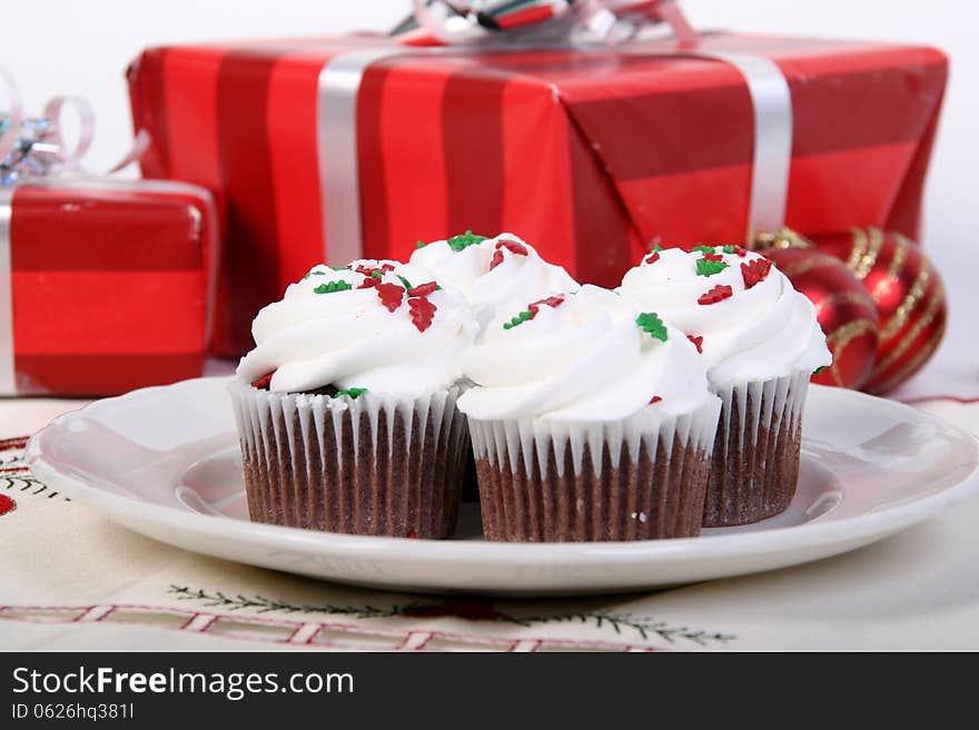 Christmas holiday chocolate and vanilla cupcake sweets. Christmas holiday chocolate and vanilla cupcake sweets