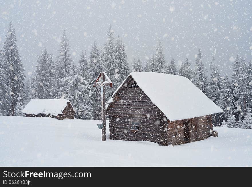 Wooden hut in the mountains