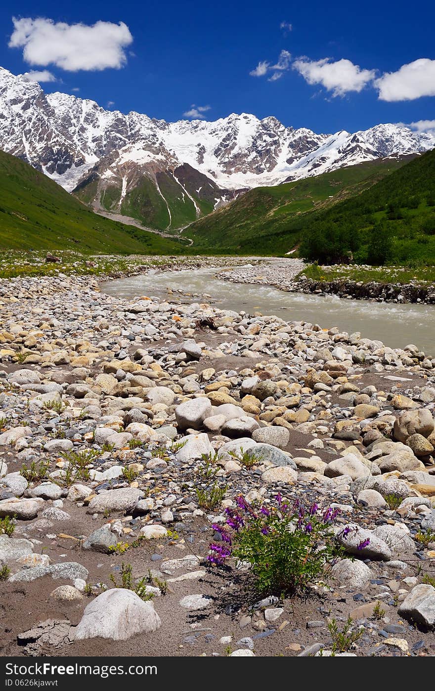 Mountain Valley. Shkhara Ridge Mountains, Georgia, Caucasus. Mountain Valley. Shkhara Ridge Mountains, Georgia, Caucasus