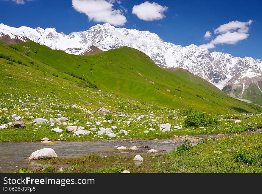 Summer landscape with river under snow-covered mountain. Shkhara Mountain, Georgia, the Main Caucasian Ridge. Summer landscape with river under snow-covered mountain. Shkhara Mountain, Georgia, the Main Caucasian Ridge