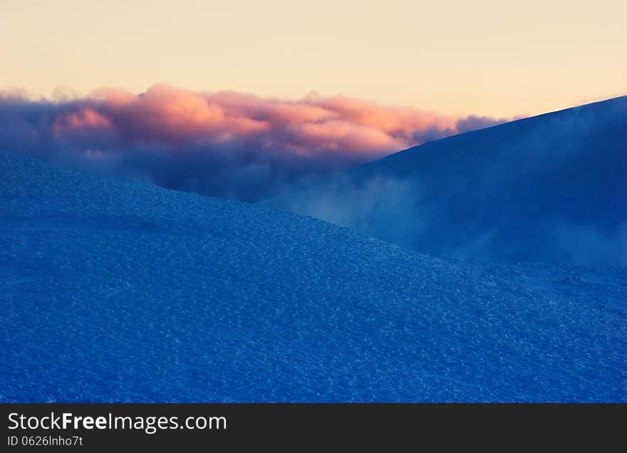 Abstract winter landscape in the frosty morning in the mountains. Abstract winter landscape in the frosty morning in the mountains