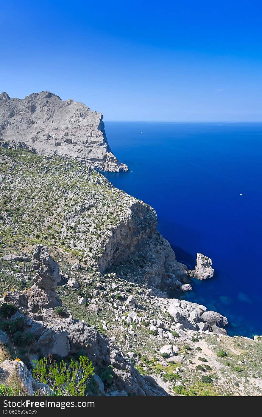 Vertical view for Majorca rocky cliffs. Vertical view for Majorca rocky cliffs