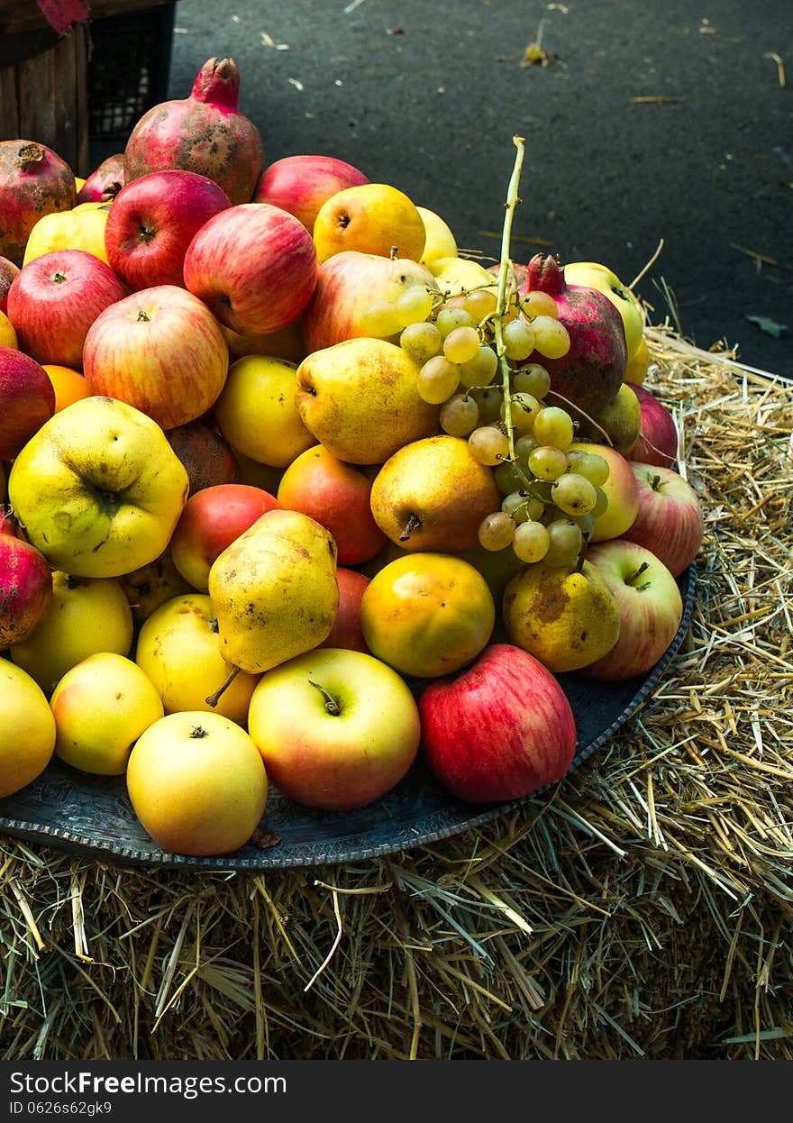 Dish of assorted apples on straw