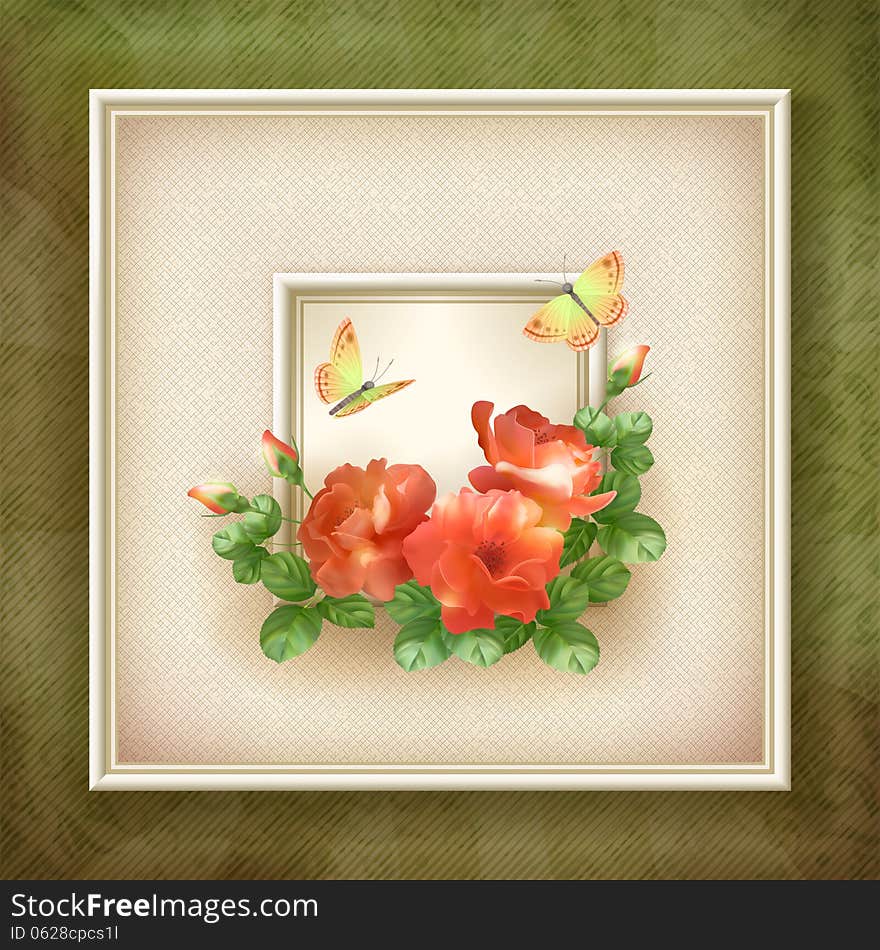 Modern square picture frame with red flowers roses, butterfly, canvas texture, ancient grunge wallpaper background, vintage old paper pattern. Vector border greeting card holiday design. Modern square picture frame with red flowers roses, butterfly, canvas texture, ancient grunge wallpaper background, vintage old paper pattern. Vector border greeting card holiday design