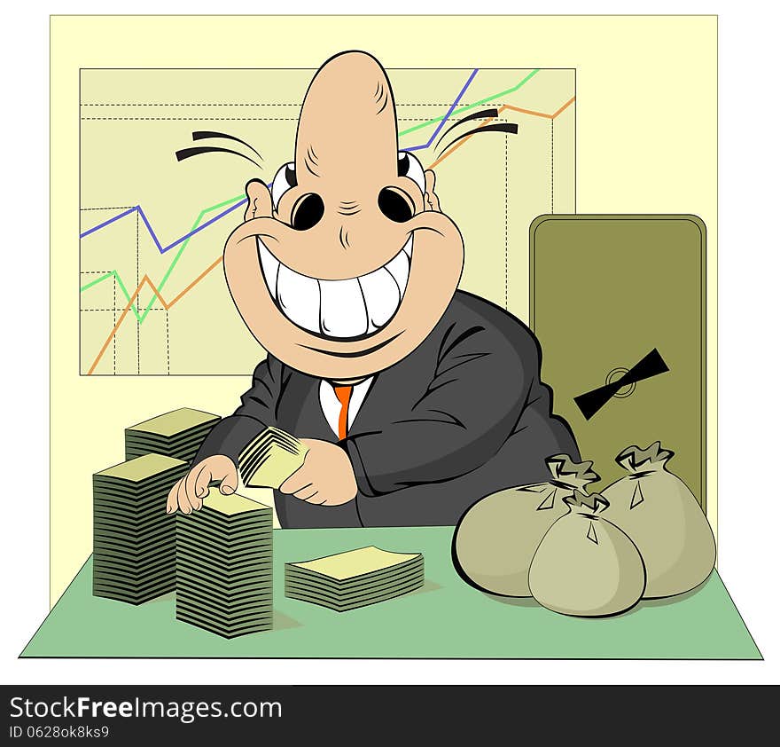 Lucky cartoon businessman counts money. Lucky cartoon businessman counts money