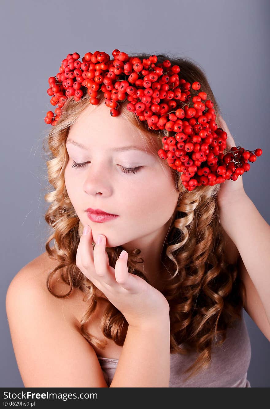 Beautiful girl with diadem from Rowan Berries. Beautiful girl with diadem from Rowan Berries