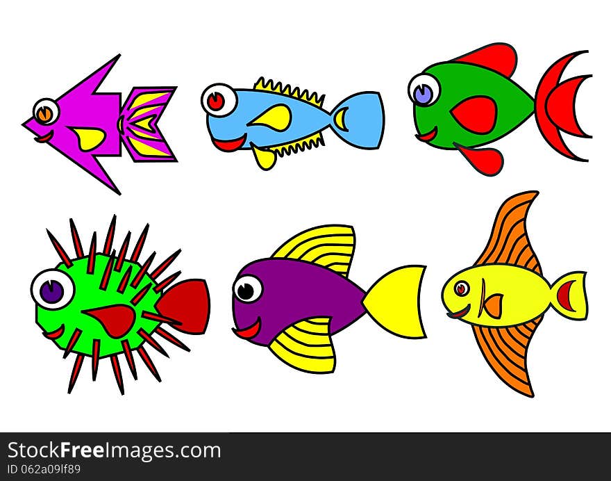 Hand drawn brightly colored cartoon fish