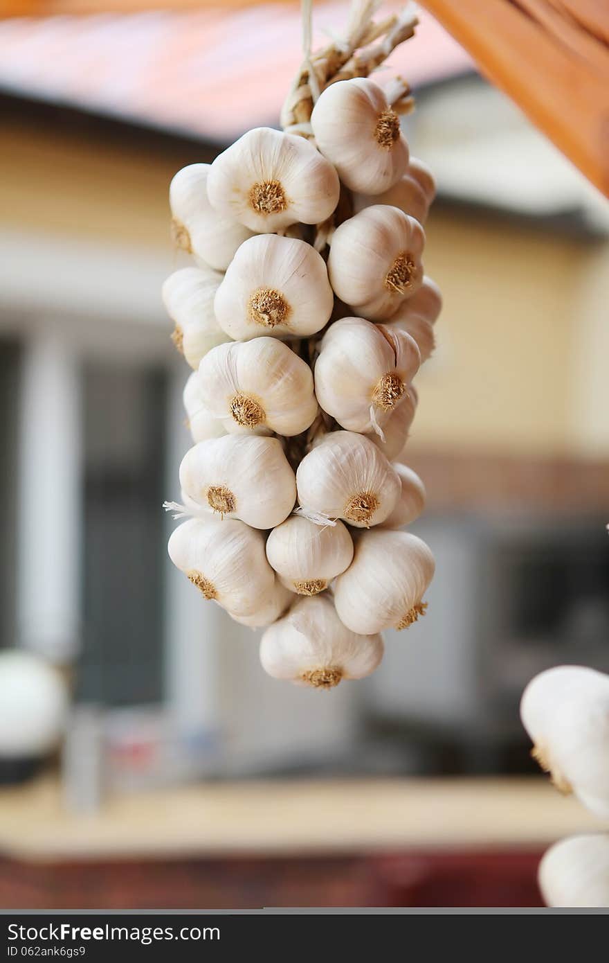 Garlic hanging on wood with blurred background