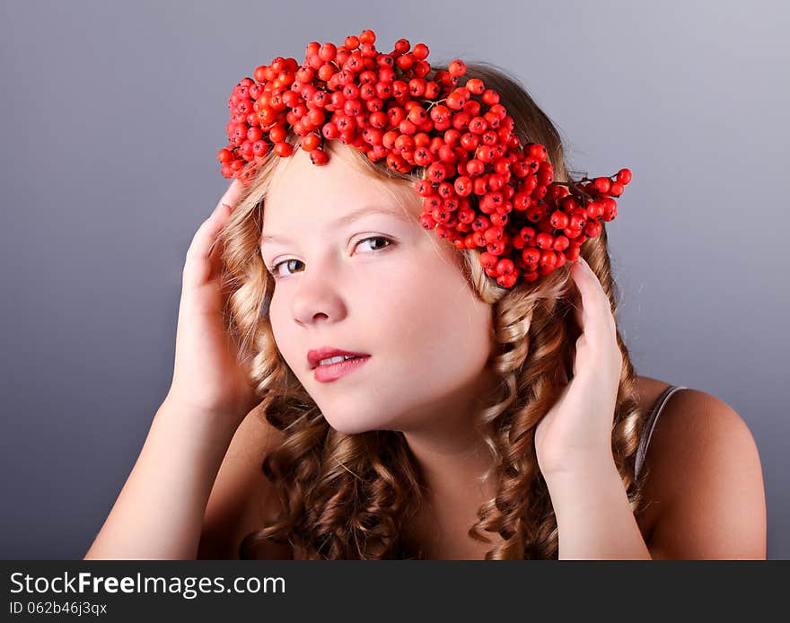 Beautiful girl with diadem from Rowan Berries. Beautiful girl with diadem from Rowan Berries