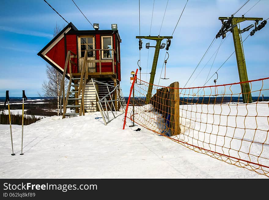 Lobsided Ski Hut beside closed run