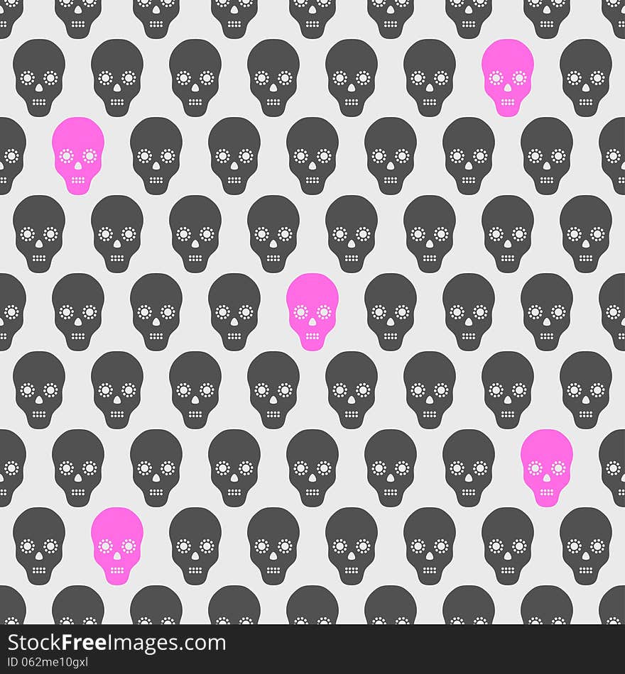 Seamless pattern with gray and pink skulls