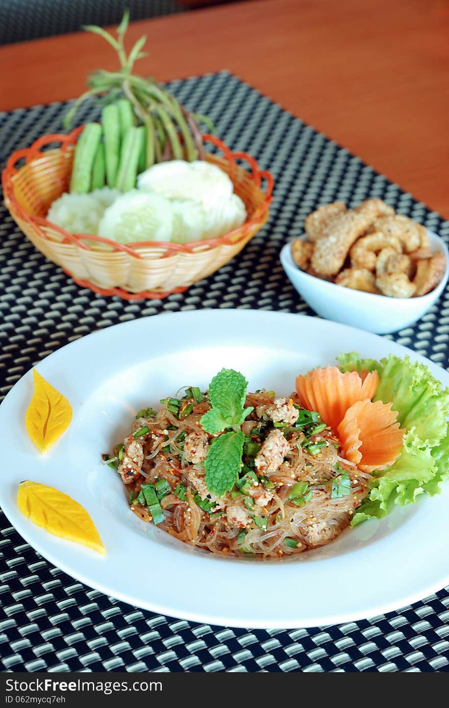 Vermicelli spicy salad with pork and fresh vegetable