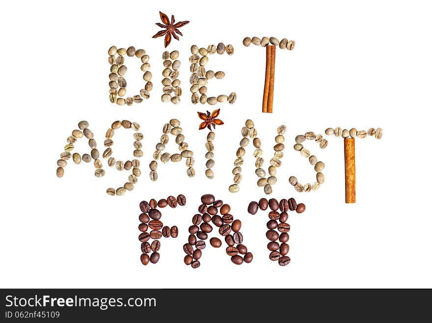 Coffee beans stacked neatly in words: diet against fat