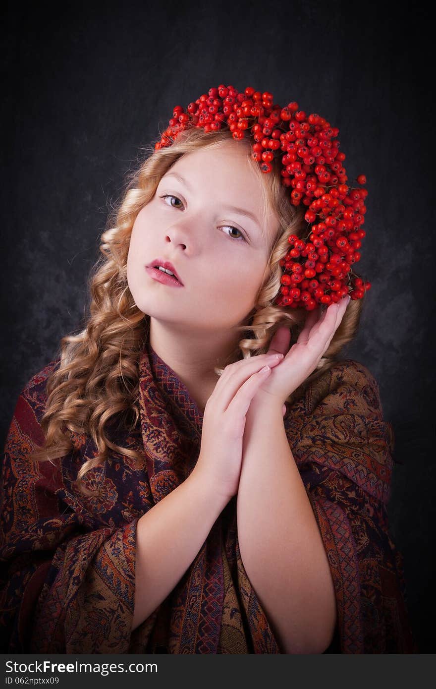 Beautiful girl with diadem from Rowan Berries. Beautiful girl with diadem from Rowan Berries