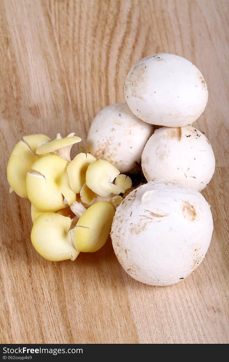 Various types of mushrooms on wooden background of chestnut