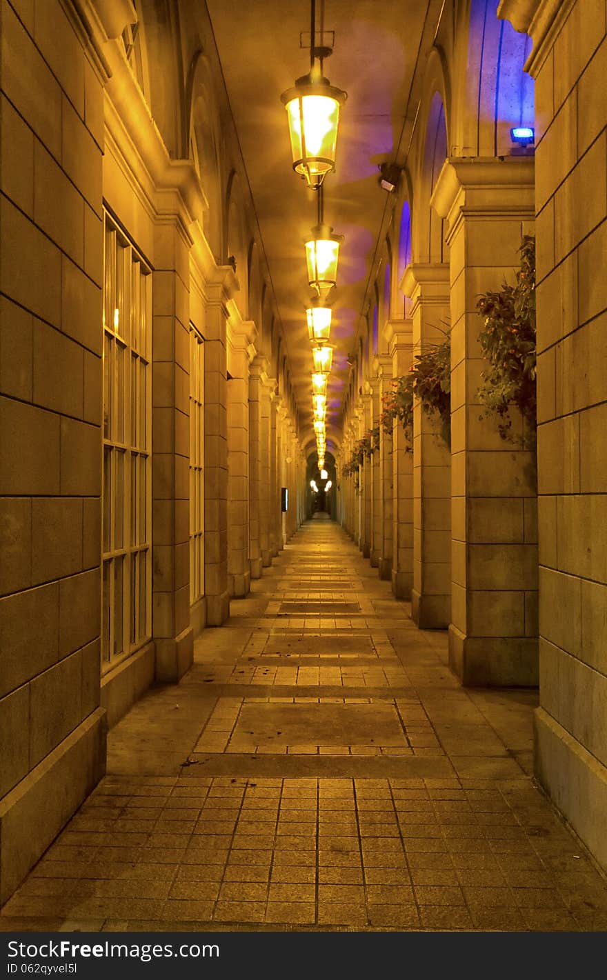 Lighted corridor into the night. Lighted corridor into the night
