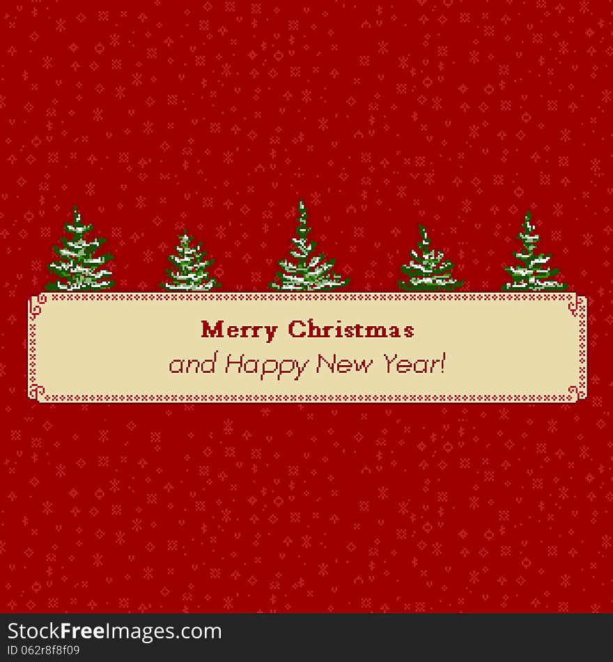 Christmas tree pixel greeting card banner