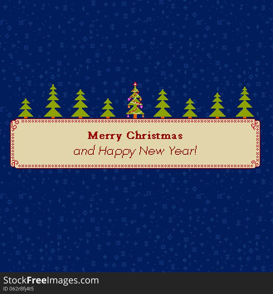 Christmas tree pixel greeting card banner