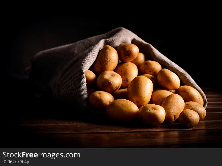 Selective Raw Potato In Linen Bag On Table