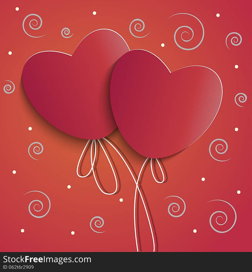 Two red hearts on a string volume on the background with a pattern