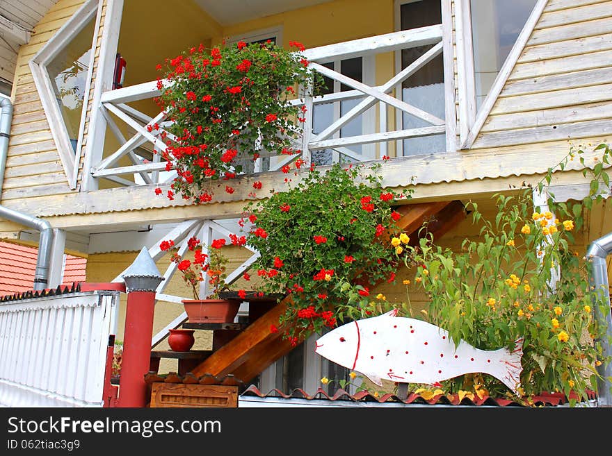 Decorative flowers and fish in front of the house. Decorative flowers and fish in front of the house