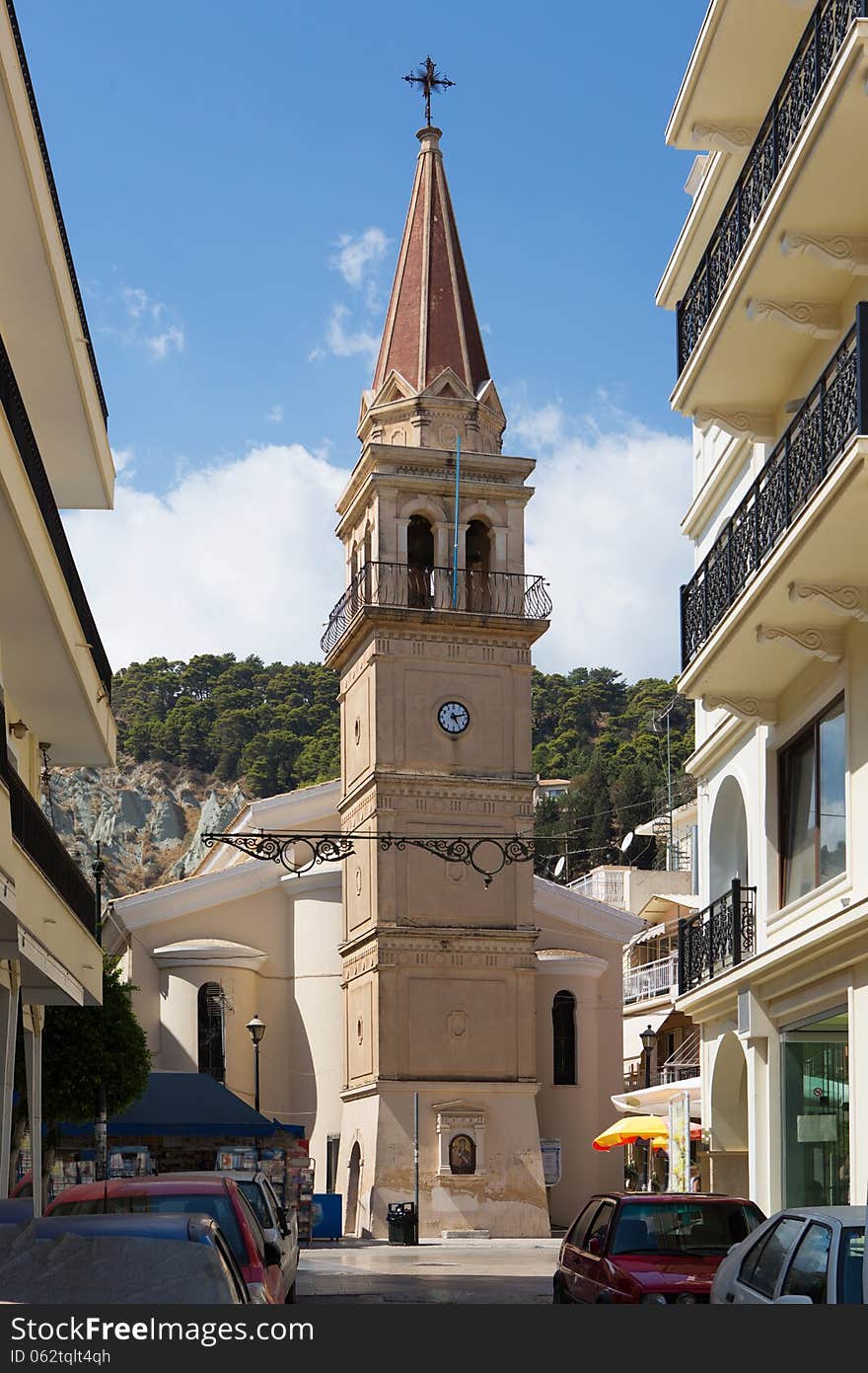 Streets Of Zakynthos, Greece. The Christian Church clock