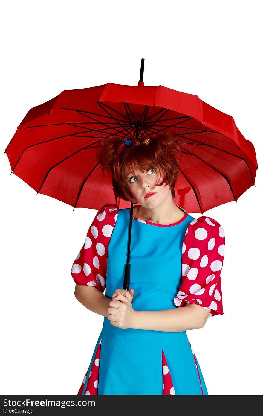 Sad young woman with a red umbrella on a white background isolated