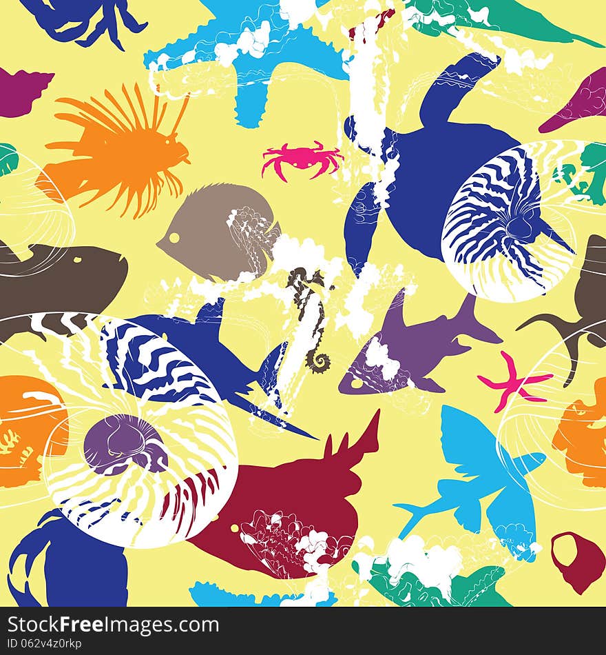 Bright background with colorful underwater creatures. Bright background with colorful underwater creatures