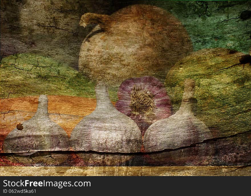 Wood texture superimposed on the still life of squash and garlic. Wood texture superimposed on the still life of squash and garlic