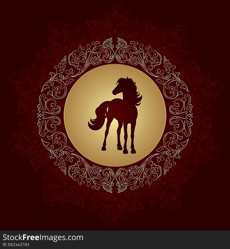 Horse Silhouette On Vintage Floral Background