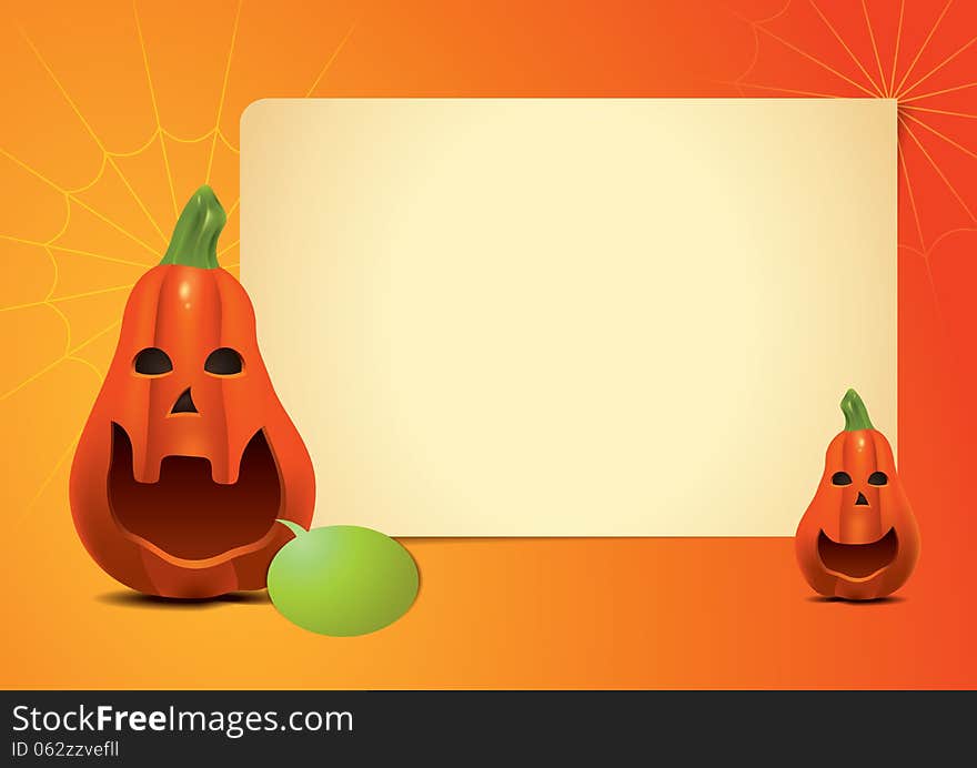 Orange pumpkin with empty list and text bubble on coloured background. Orange pumpkin with empty list and text bubble on coloured background.