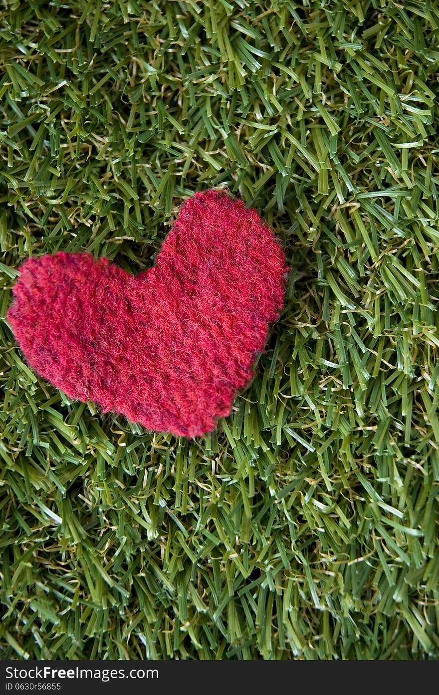 Red heart on grass background