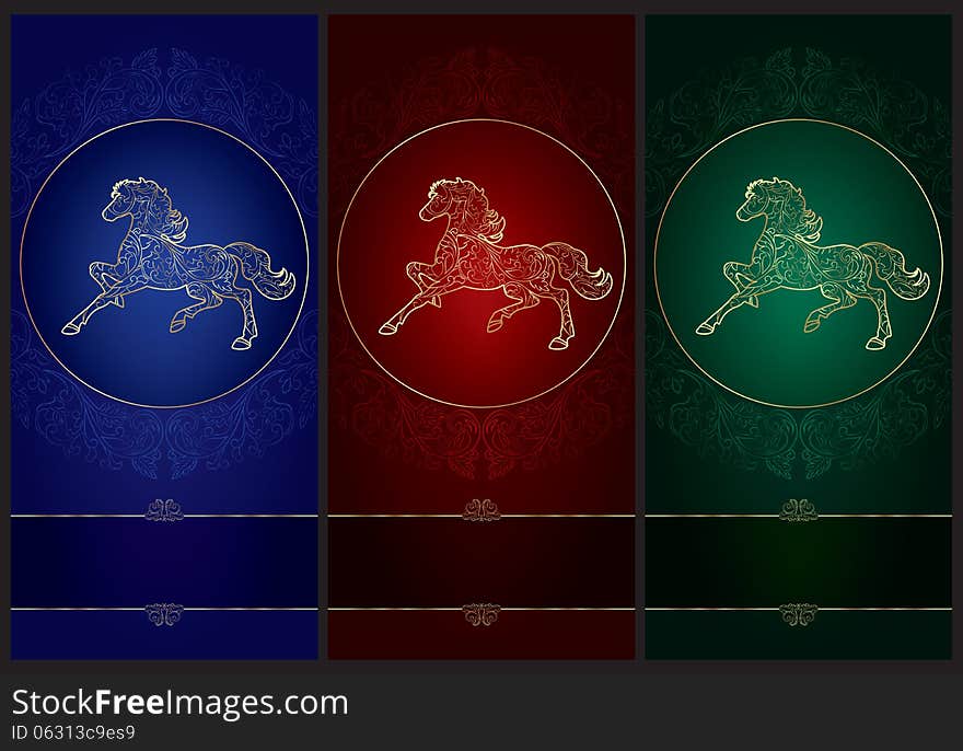 Horse silhouette on floral background, vintage set, vector illustration