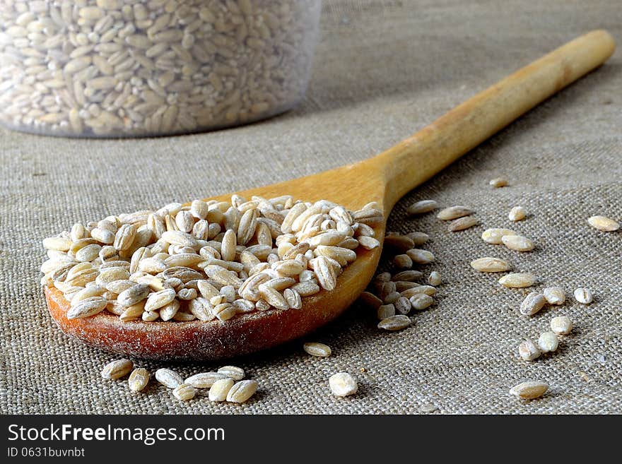 Pearl barley in a wooden spoon