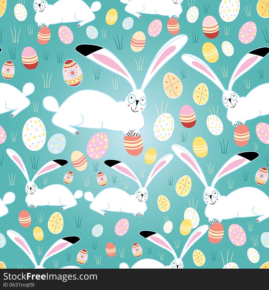 Funny seamless pattern with Easter bunnies and eggs on a green background. Funny seamless pattern with Easter bunnies and eggs on a green background