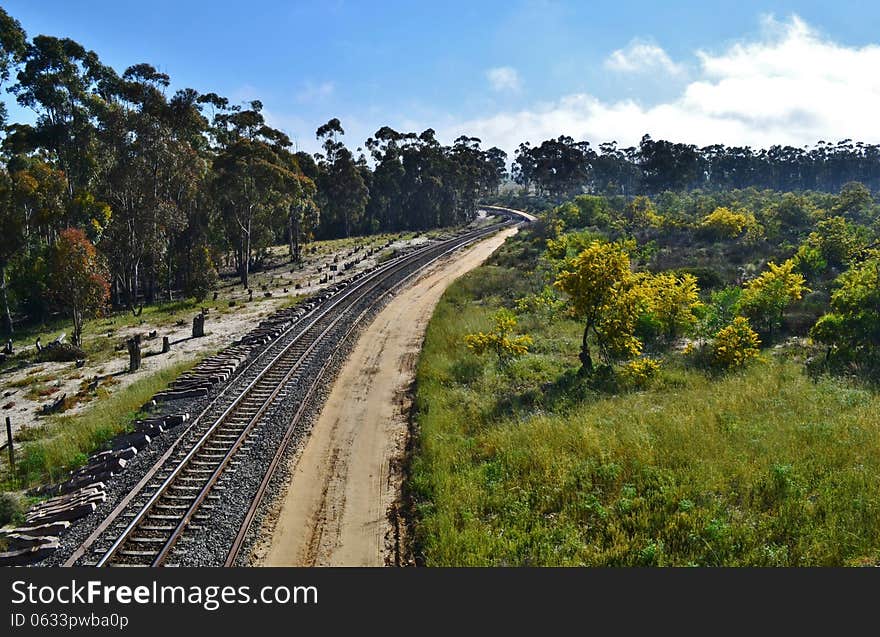 Landscape with railway tracks through rural area