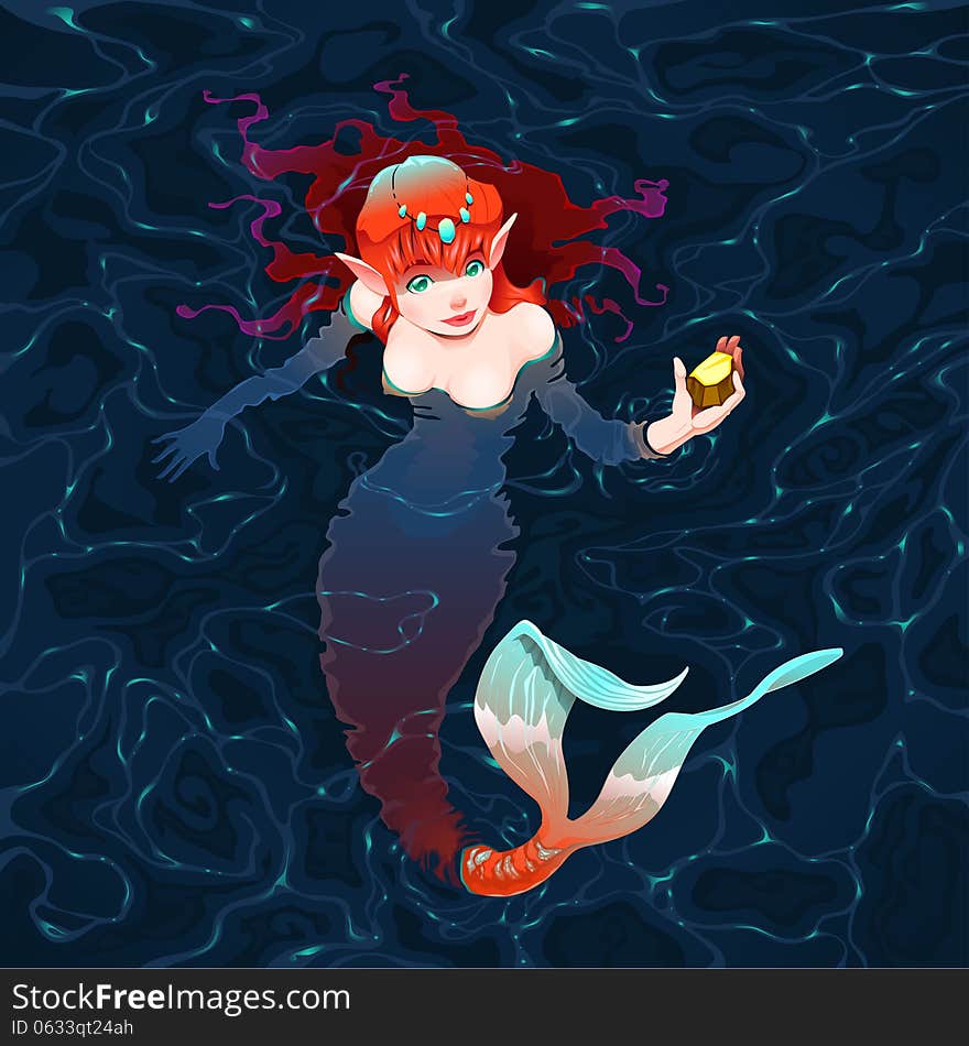 Mermaid in the water with a piece of gold. Vector illustration