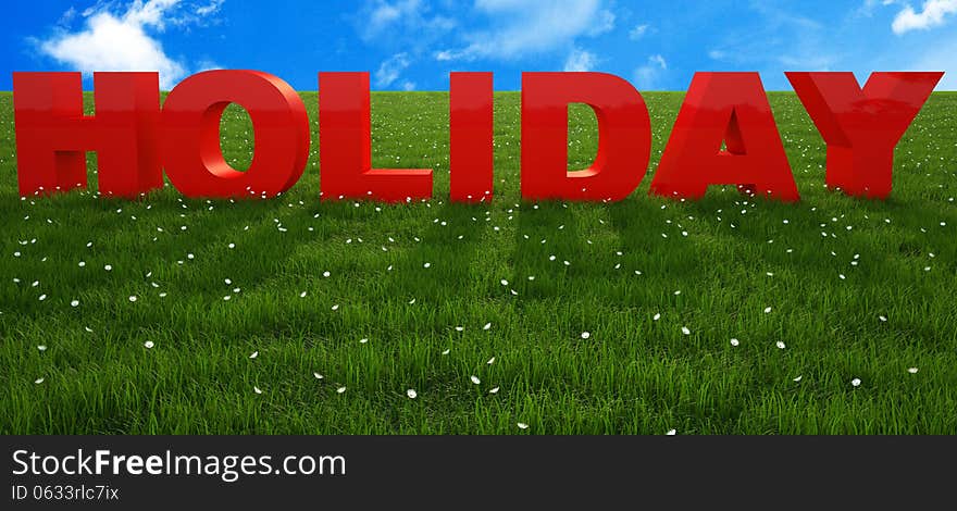 Holiday red text on green grass and sky