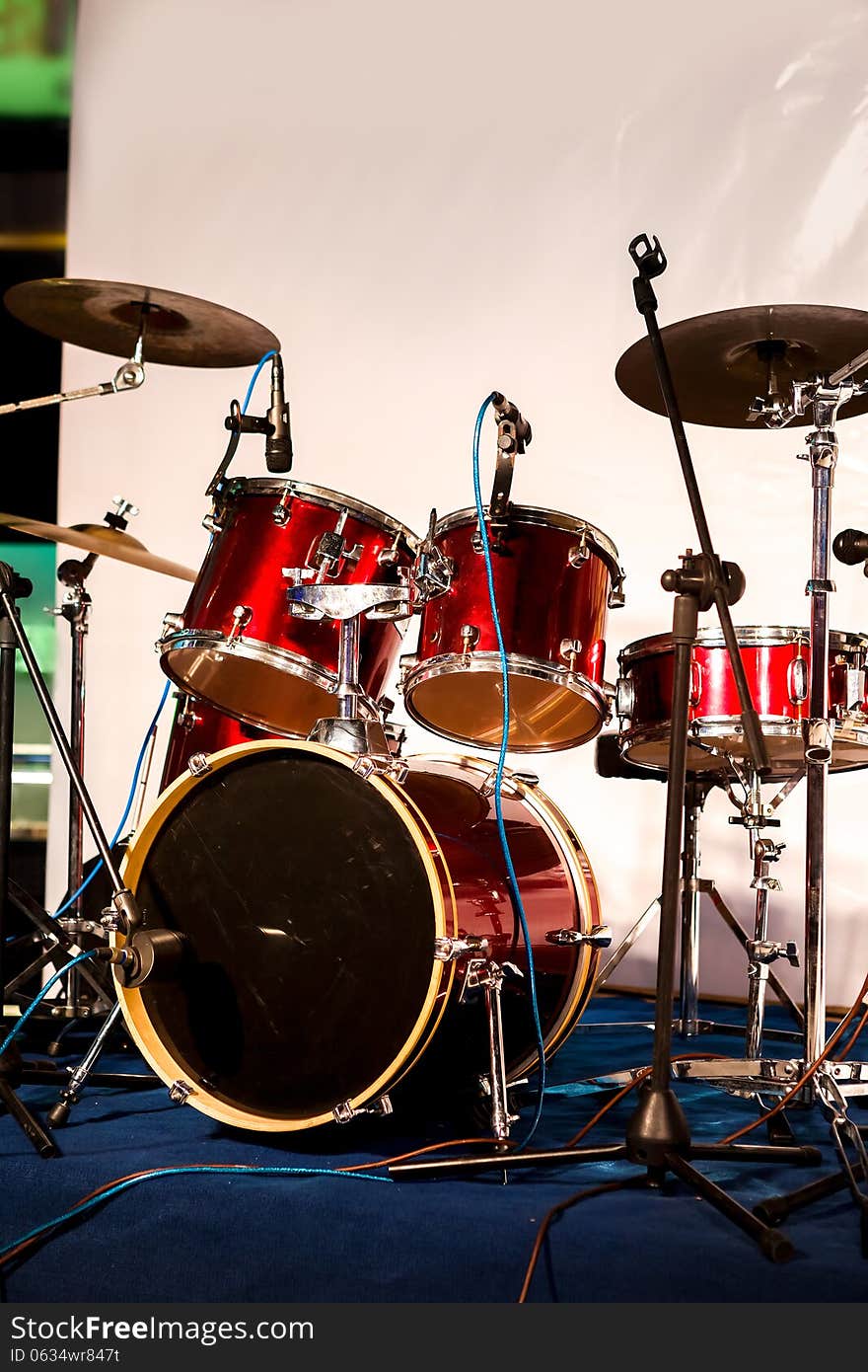 Red drum set on the stage in a party. Red drum set on the stage in a party