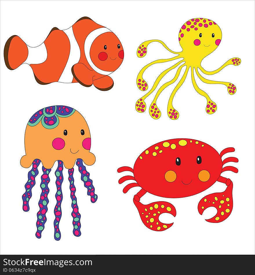 Set of cartoon sea creatures isolated on white. Vector illustration.