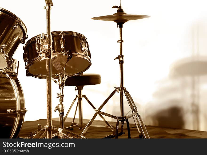 Drum set on the stage in night. Drum set on the stage in night