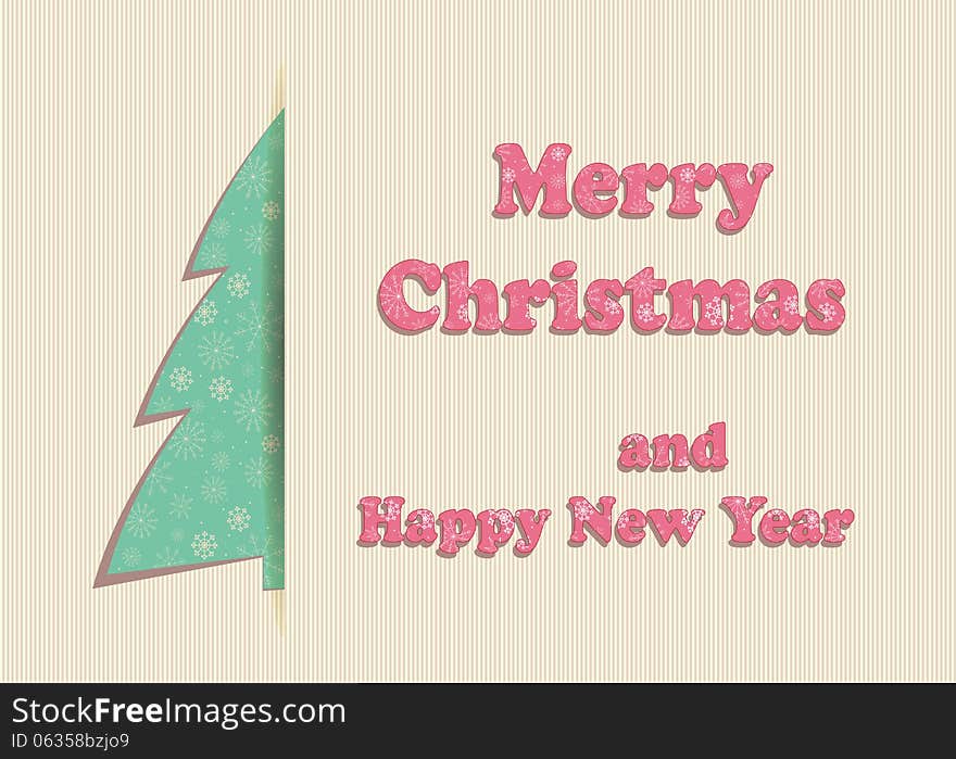 Merry Christmas Greeting Card whith snowflakes and christmas tree.