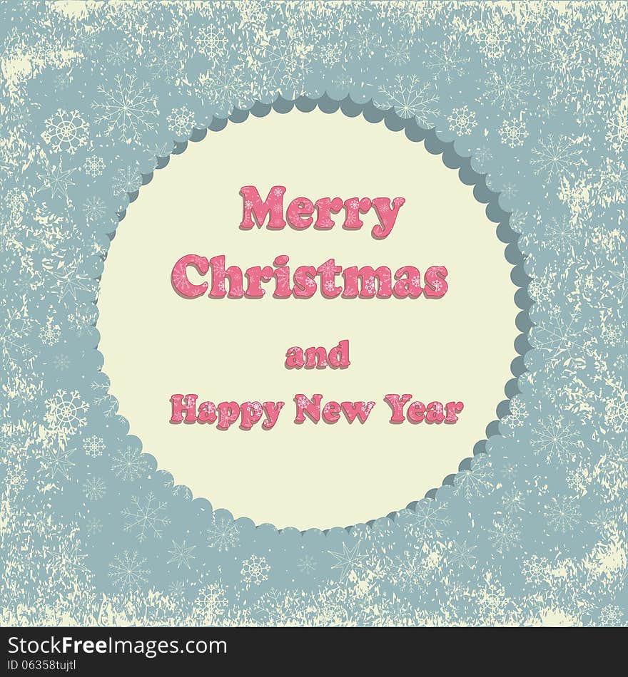 Merry Christmas Greeting Card with snowflakes and christmas tree.