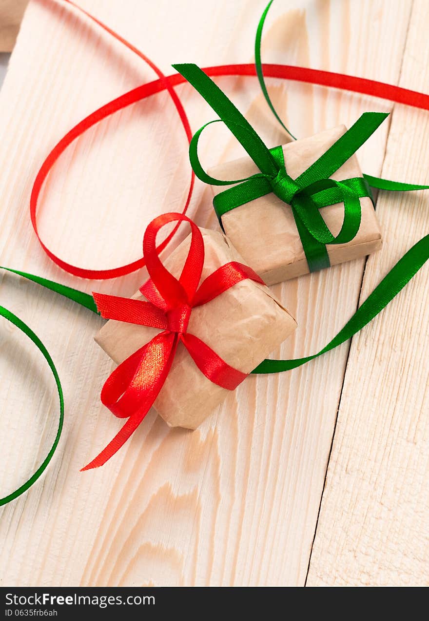 Gift boxes on wooden background