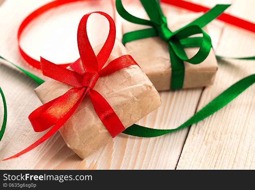 Gift boxes on wooden background