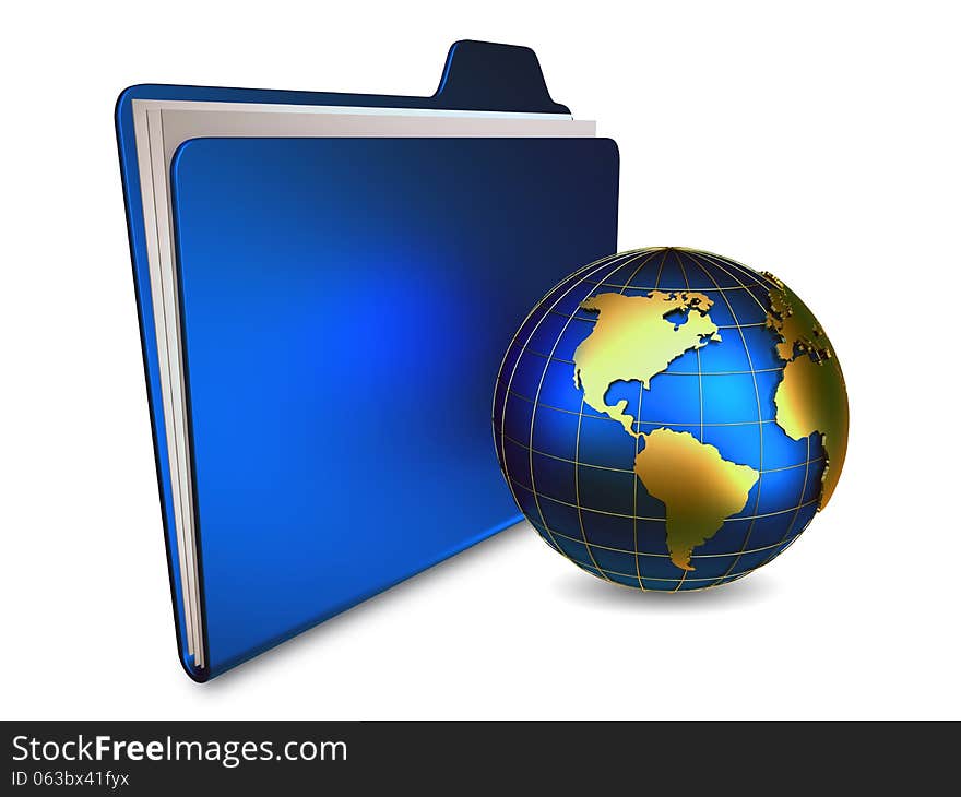 Blue folder with sheets of paper and a globe. Blue folder with sheets of paper and a globe